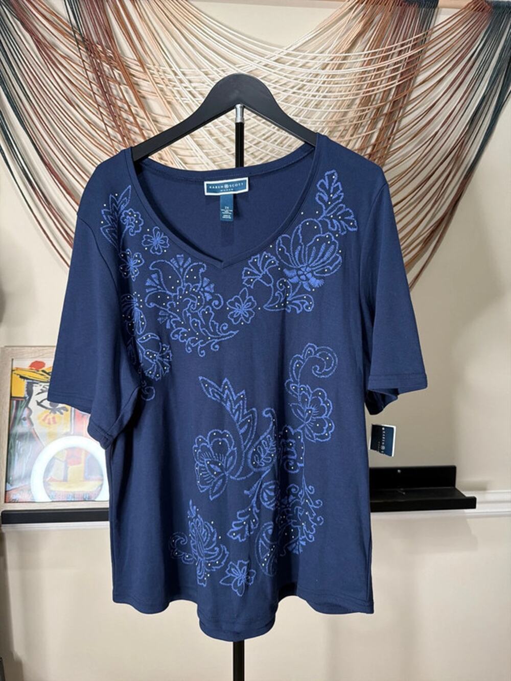 Karen Scott woman blue T-shirt with embroidery NWT2X 2860